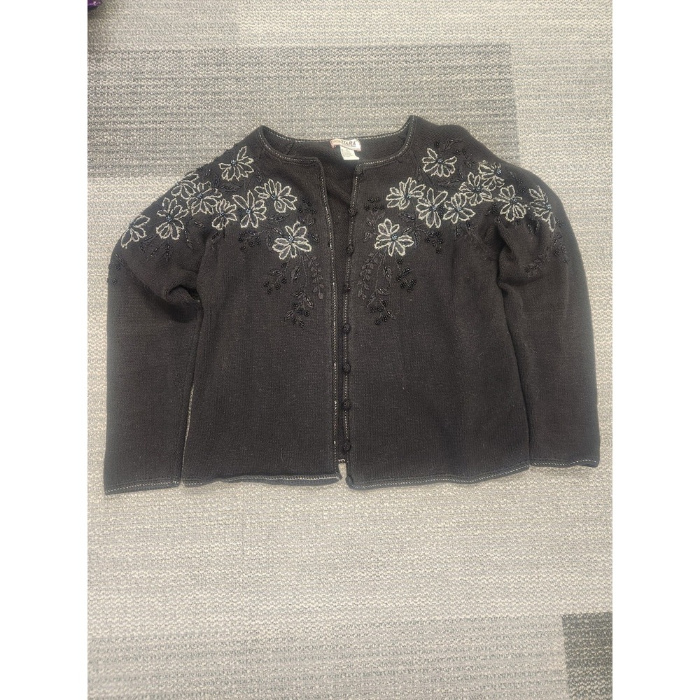 Tiara International Vintage Floral Embroidered Beaded Cardigan Sweater Med Black